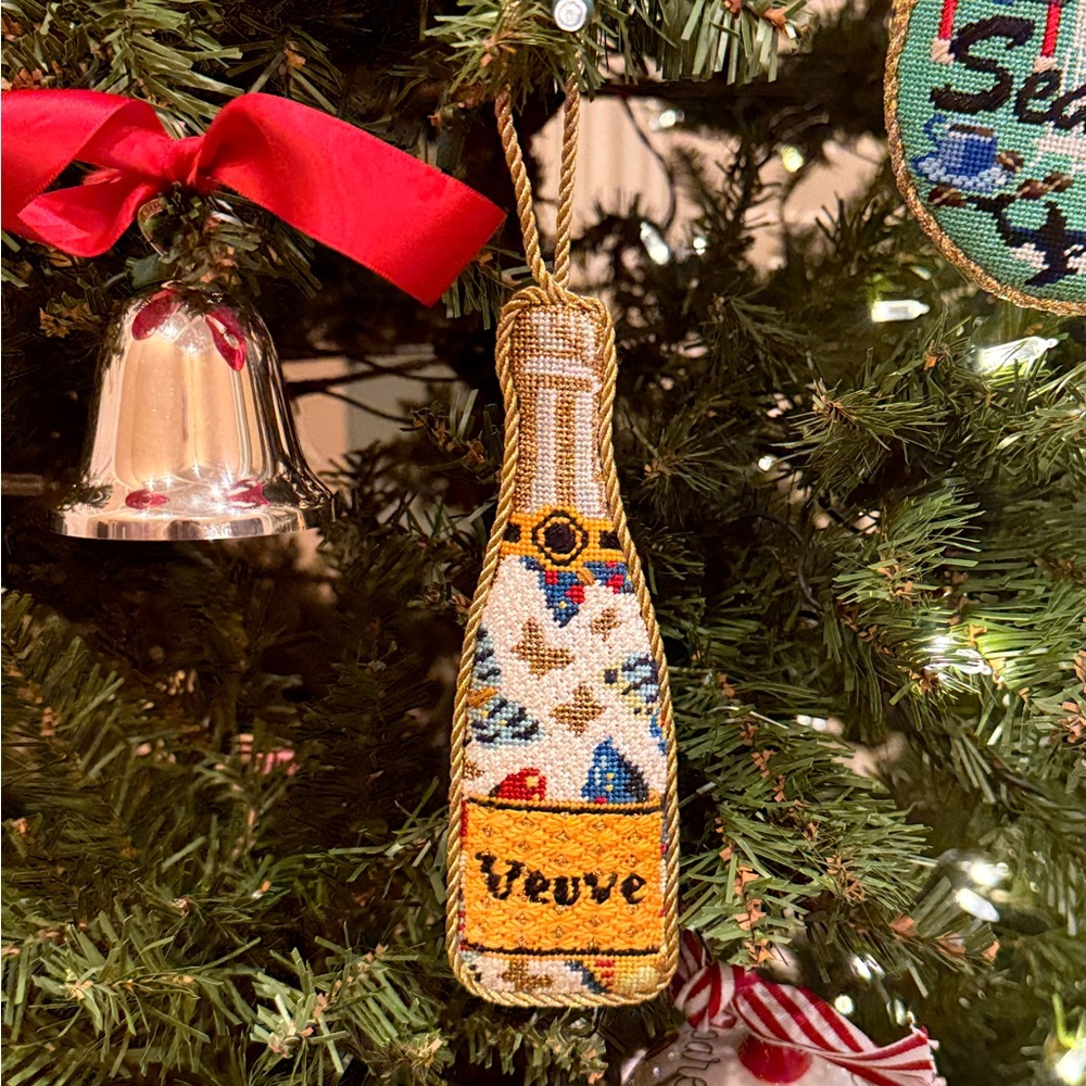 Hand-Stitched Needlepoint Ornament - Butterfly Veuve Bottle